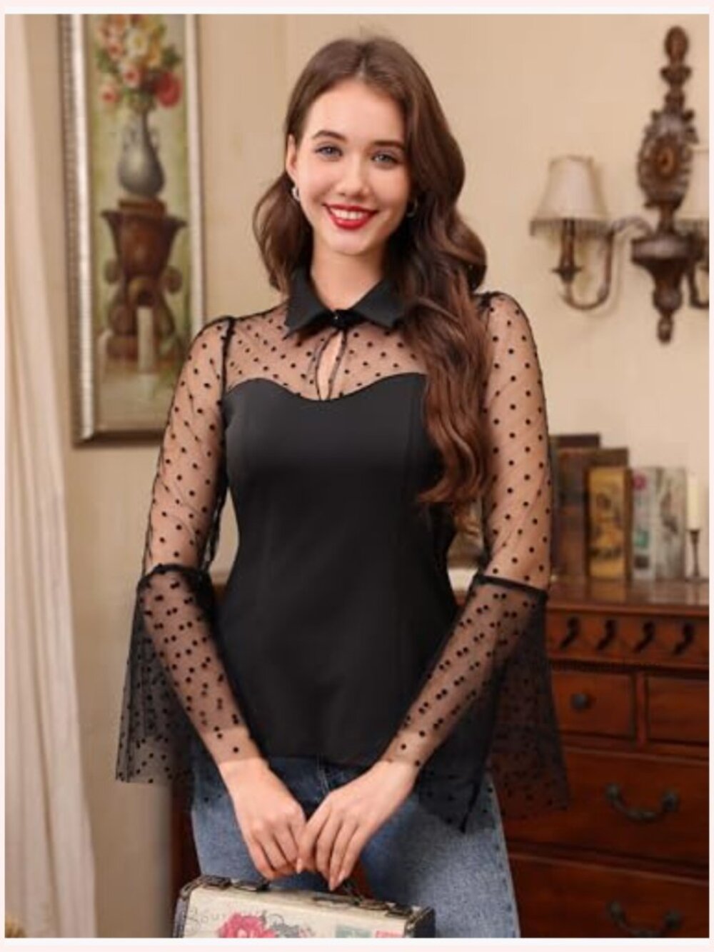 Vintage Gothic Bell Sleeve Blouse Sheer Mesh Top Women Halloween Punk Shirt - Picture 3 of 6